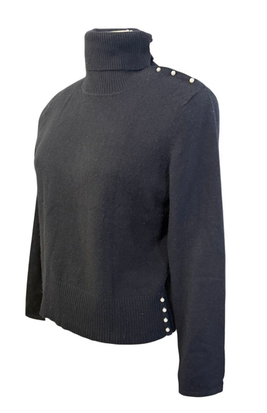 Mainbocher 100% Pure Cashmere Convertible Turtleneck Sweater Black XL Faux Pearl